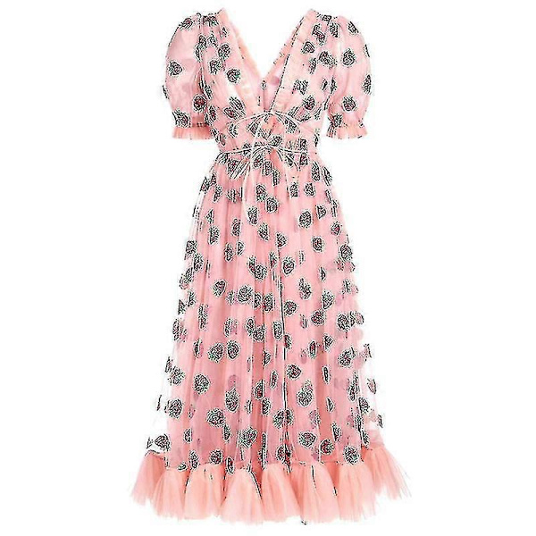 Dame Mode Jordbærprint Dyb V Kortærmet Mesh Cocktail Party Kjole Pink XL