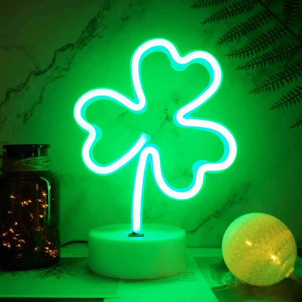 Klöver Neon Skylt Shamrock Neon Ljus Nattljus USB/Batteridriven för Dekoration Gröna Neonljus för Sovrum Festival