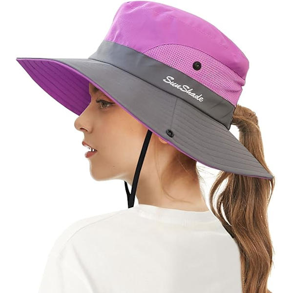 Dame Solhatte Bred Skygge UV Beskyttelse Mesh Foldbar Hestehale Spand Fiskeri Hat Strand Cap til Fiskeri Vandring Havearbejde Udendørs Purple