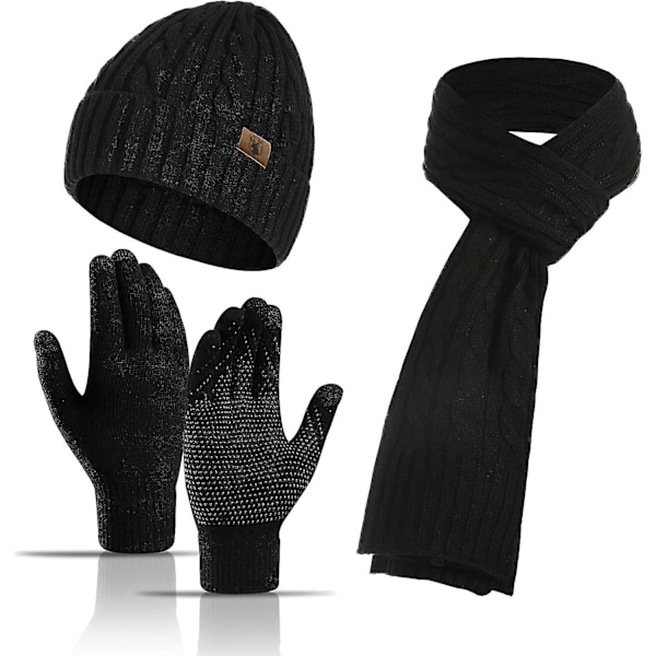 Hatt, Halsduk och Vantar Set för Kvinnor & Män 3 i 1 Vintermössa Halsvärmare Touchscreen Vantar Stickad Set,hw Black