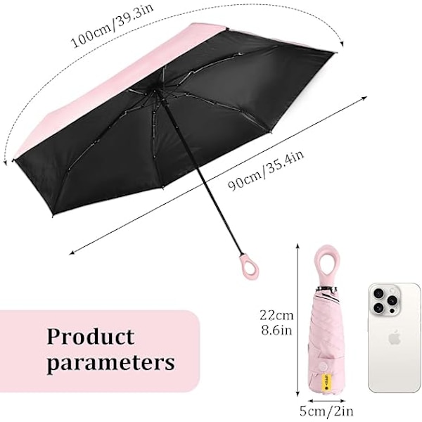 Mini-taittovarjo, luova rengaskahva, tuulen- ja UV-säteilyn kestävä, ultrakevyt sateenvarjo, taitettava ja tukeva, aurinko- ja tuulensuojattu Pink