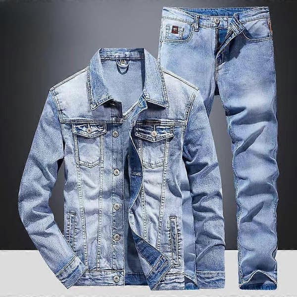 Herr Vår och Höst Klassisk Jeansdräkt Herr Slim Micro-stretch Tvådelad Jacka Jeans 5X grå grey L