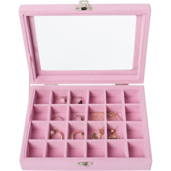 24 Gitter Ørering Opbevaringsboks, Fløjl Smykkeboks Ørering Boks, Smykke Opbevaring Display Boks til Ringe, Øreringe, Smykker, Vedhæng, Pink