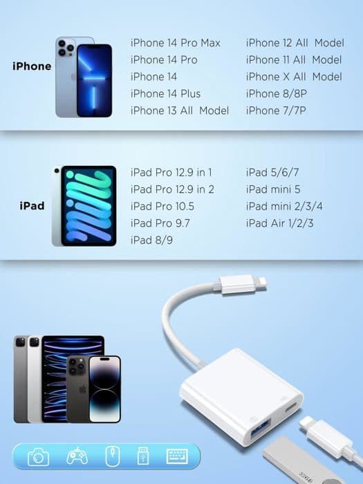 Lightning–USB OTG -kamerasovitin iPhone/iPad-laitteille, USB 3.0 -uros–USB-naaras -kaapeli, latausportilla
