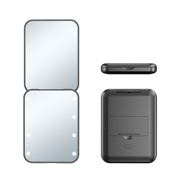 Lommespeil, LED-kompaktspeil, 2-sidig håndholdt magnetisk bryter Fold Liten reisesminke Lighted Mirror Black