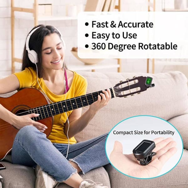 Gitarrstämmare Clip On - Digital Elektrisk Stämmare med LCD-skärm, Elektronisk Stämmare för Akustisk Gitarr, Elgitarr, Bas, Ukulele och Mer
