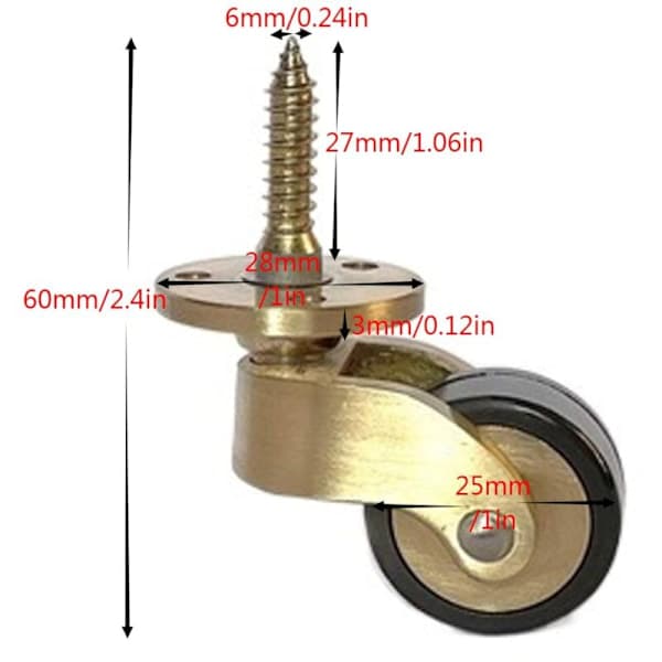 Sett med 4 360° svingbare hjul i solid messing, antikk stil, 25 mm, med skruer, lastekapasitet 150 kg