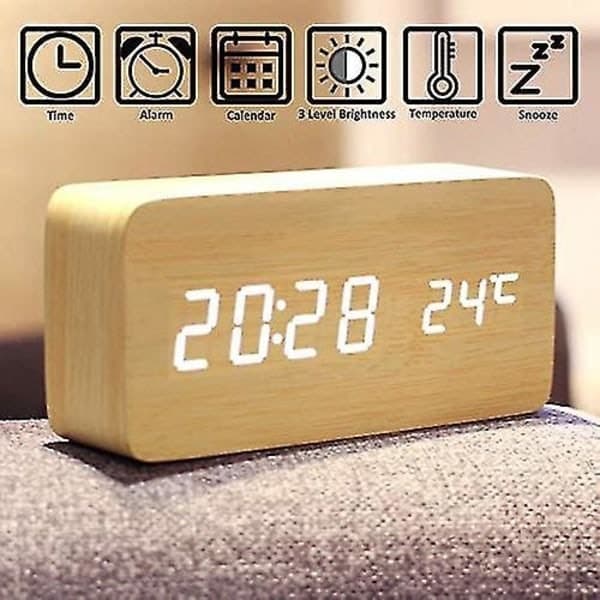 Digital väckarklocka i trä, multifunktionell LED-väckarklocka med tid/temperatur/datumvisning och röststyrning, brun