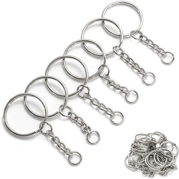 Set, 1 tums delade nyckelringsbågar (25 mm) med kedja + bygelringar, metallnyckelringskedjor, för hantverkstomsar Resin Art Attachment