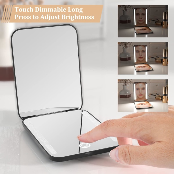 Fick spegel, LED kompakt spegel, 2-sidig handhållen magnetisk strömbrytare vikbar liten rese smink spegel med belysning White