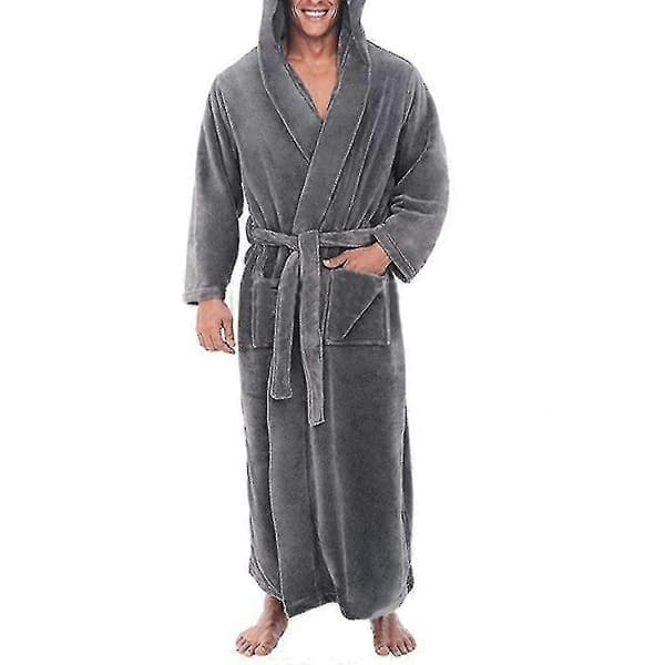 Varm fleece badekåbe med hætte til mænd, lang frotté badekåbe grå grå 3XL