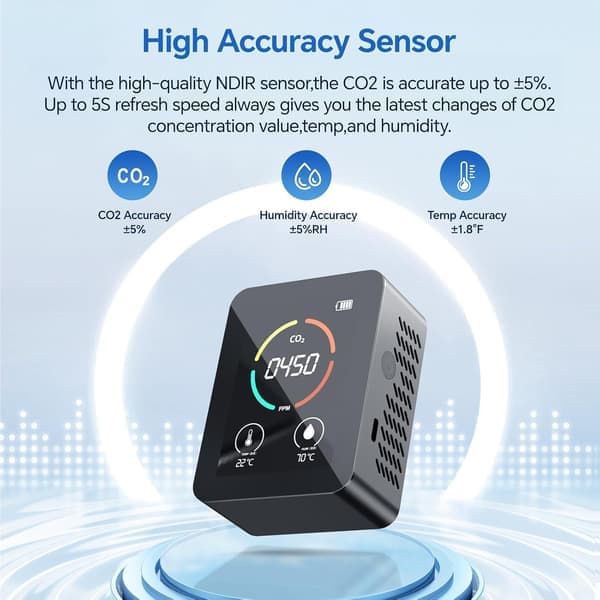 CO2-måler Multifunksjonell Termohygrometer Hjem Digital Luftdetektor Intelligent Luftkvalitetsmonitor, Svart
