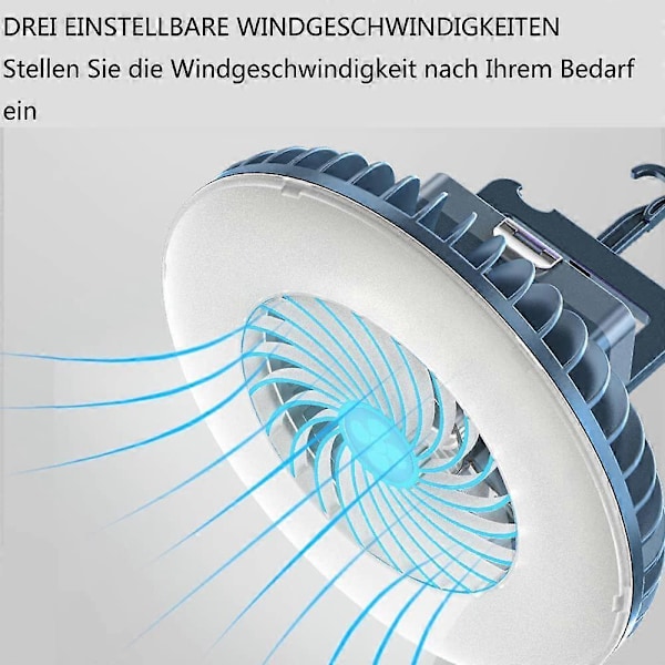 Udendørs LED Campinglampe, Bærbar Campingventilator med Foldbart Stativ, LED Lanterne, Mini Bordventilator, USB Batteri, Ventilator med Krog til Camping, Hjem, Kontor