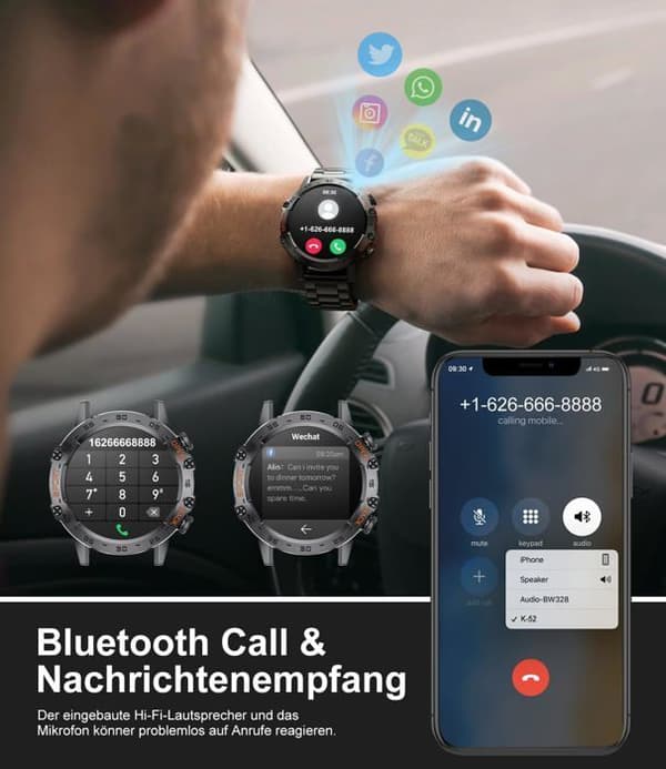 Smartwatch til mænd til Android og iOS med Bluetooth-opkald, sort stål, 400 mAh batteri