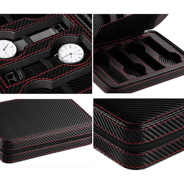 Klockförvaringslåda 8 Fack Klockdisplaylåda PU Läder Kolfiber Smycken Armband Förvaringslåda med Dragkedja Svart 8 Fack