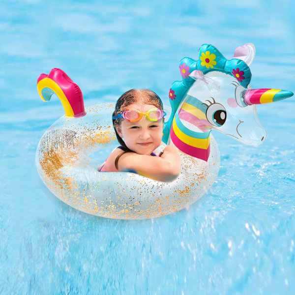 Unicorn Float Oppblåsbar Bassengring med Glitrende Svømme Sete Båt Svømmebasseng Oppblåsbare Leker Bassengfest Sommerleker
