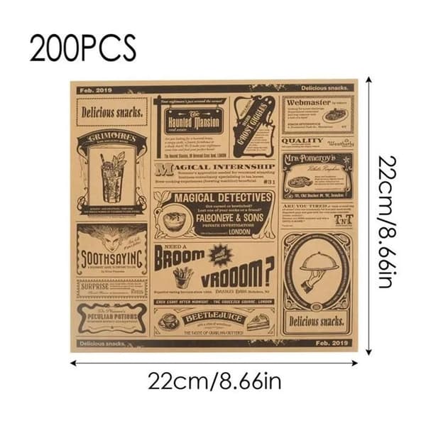 200 stycken engelsk tidning, bakplåtspapper, snackspapper, oljeabsorberande papper, pommes frites-omslagspapper, smörgåspapper, gult
