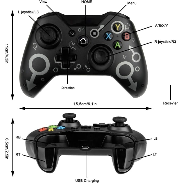 Trådløs kontroller for Xbox One, Xbox-kontroller med 2,4 GHz trådløs adapter, Xbox One X/Xbox One S/PS3 og PC (svart)