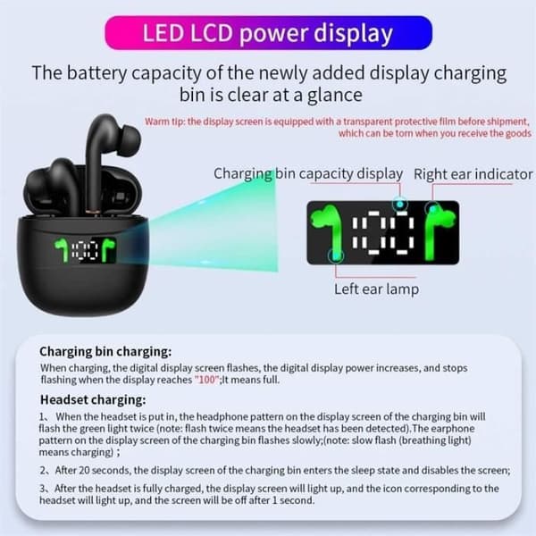 Trådløse ørepropper - J3 PRO - Bluetooth 5.2 - IPX7 vanntett - LED-skjerm - USB-C hurtiglading
