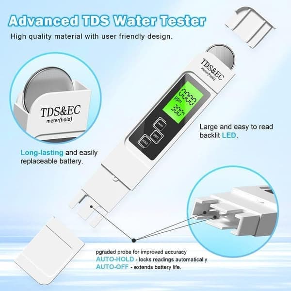 2-pack 4-i-1 TDS Vattentestare – Mäter TDS, EC & Temperatur (°C/°F) för Dricksvatten, Brunn, Pool & RO/DI