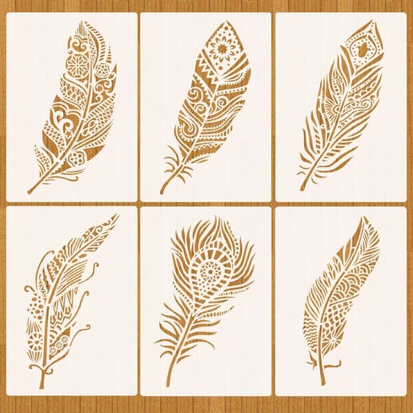 6 stk. Mandala Fjer Stencils til Maling på Træ (26x17,8 cm)
