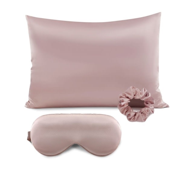 Luonnonsilkistä valmistettu tyynyliina vaaleanpunaisella silmänaamiolla