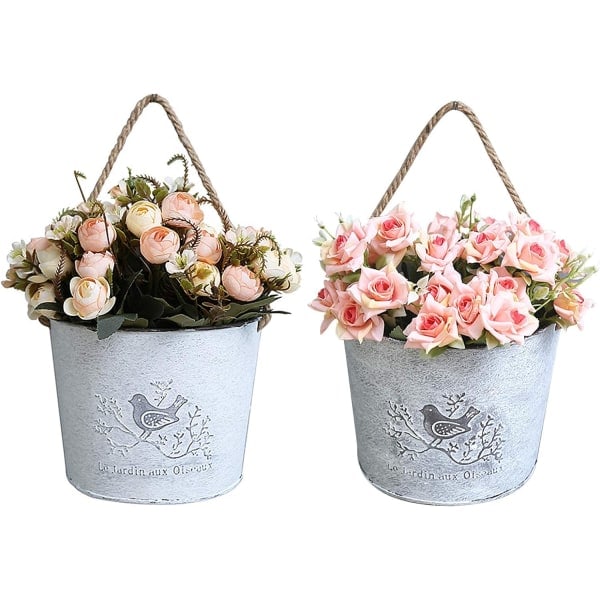Metallblomkrukor, Hängande Växtkrukor i Järn Vintage Planter Väggmonterad Platta med Anti-snigel Bomull Rep Handtag för Inomhus Utomhus Hem Planter Dekor