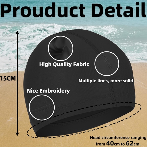2 stk elastiske badehetter Komfortable sklisikre stoff svømmehette Lett badehetter for kvinner menn barn til svømming Black