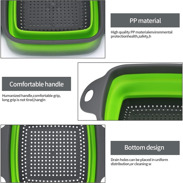 3 stk sammenleggbare dørslag, silikonsil, vaskebolle for drenering av grønnsakssild, dreneringskurver, grønn