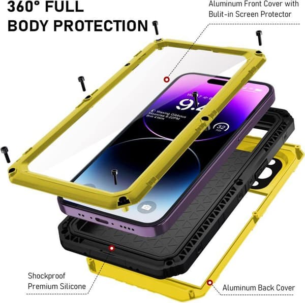 Vandtæt metaletui til iPhone 14 Pro Max, AuTech IP68 fuld beskyttelse stødsikkert etui til dykning og svømning, gul