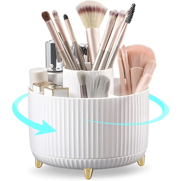 360° Roterende Makeup Organizer Makeup børsteholder med 5 rum til kosmetik Parfume smykker til toiletbord Soveværelse Badeværelse, Hvid