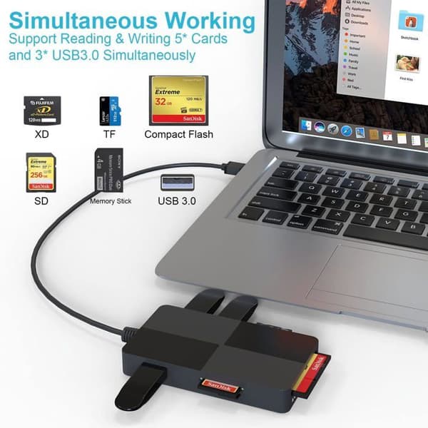 8-i-1 USB 3.0 minneskortläsare, USB A till SD-adapter, SD, Micro SD, MS, CF-kortläsare med 3 USB 3.0-portar