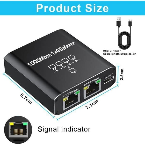 RJ45 Ethernet-switch, 1 til 4 LAN-splitter, 1000 Mbps, 4-ports LAN-switch til computere, routere, set-top-bokse og fjernsyn