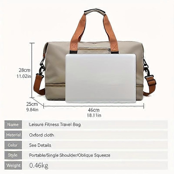 Romslig Reise- og Treningsbag med Skokammer, Tørr/Våt Separasjon, Justerbar Stropp  Ideell for Pendling og Ombordstigning Light Grey
