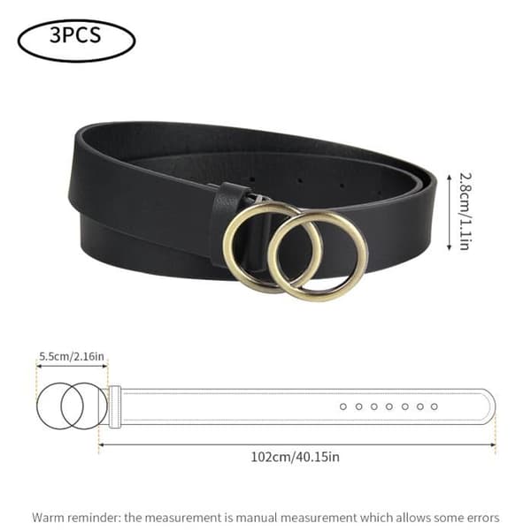 Rundt spænde PU-læderbælte, 3-pak damebælte med dobbelt O-ring design (Hvid/Sort/Brun)