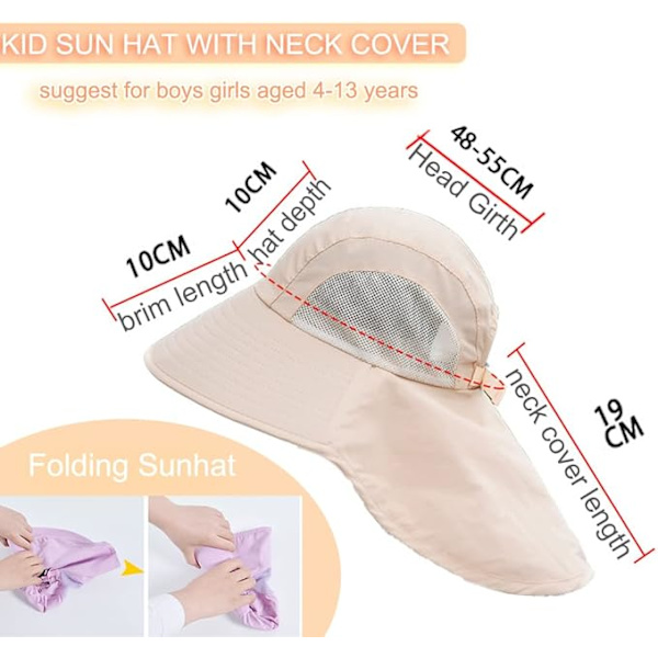 Barn Bred Solhatt med Nackskydd 4-13 År Flickor Solhatt Pojkar Mesh Cool Hat Anti UV Kep Beige