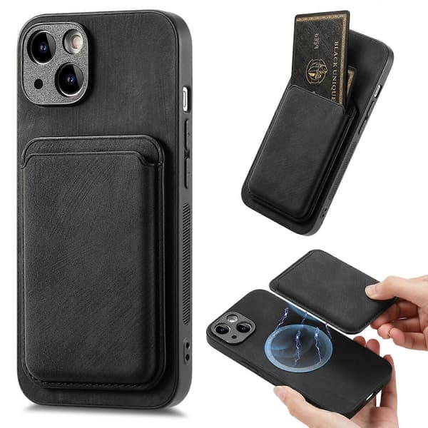 Retro Læder Kort Taske Magnetisk Telefon Cover til iPhone 14 Black
