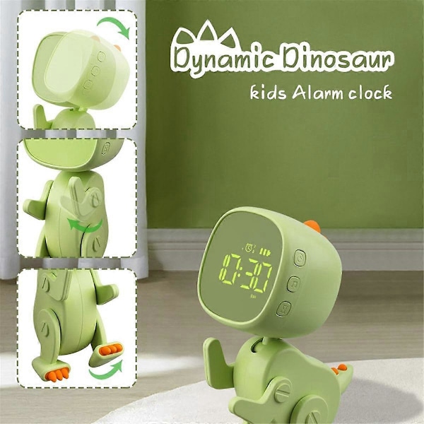 Digital väckarklocka för barn, tre alarm, dinosaurieväckarklocka med varierbar form, snooze, nattlampa med timer, grön