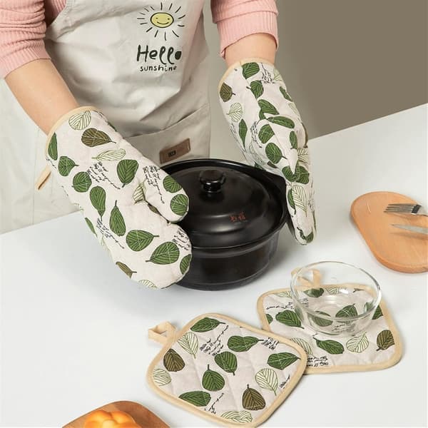 Varmebestandige grytekluter og gryteunderlag i bomull med hemper, grønne, ideelle for baking og matlaging (4-delt sett).