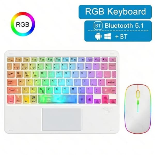 Trådlöst Bluetooth-tangentbord, RGB-gamingtangentbord + LED-mus - Vit