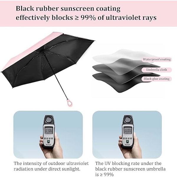 Mini-taittovarjo, luova rengaskahva, tuulen- ja UV-säteilyn kestävä, ultrakevyt sateenvarjo, taitettava ja tukeva, aurinko- ja tuulensuojattu Pink