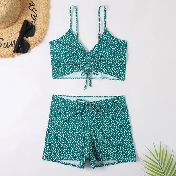 Dam bikini med hög midja, push-up och blommigt tryck Grön L Green L