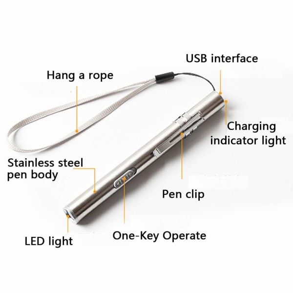 3-pakning USB-pennlys LED-sykepleierlommelykt, rustfritt stål medisinsk lommelykt oppladbar minilykt praktisk pennlys med klips