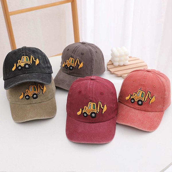 Unisex Børnehat Vasket Retro Baseball Kasket Tegneserie Gravemaskine Broderi Lang Skygge Anti-UV Solbeskyttelse Udendørs Hovedbeklædning Solhat QingHai Orange