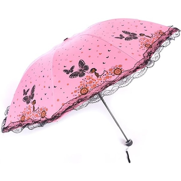 Solparasoll UV Parasol Liten Lätt Fjäril Spets Fällbara Parasoll 210T Parasoll Vattentät Butterfly pink