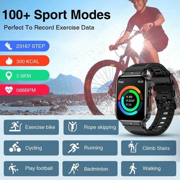 Smartklokke for menn, IP68 vanntett, 1,95-tommers skjerm, Bluetooth, kompatibel med Android og iOS, for utendørs bruk