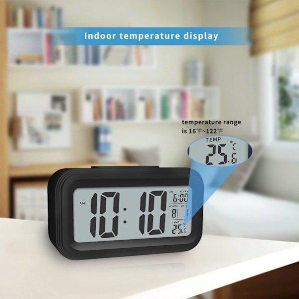Uppgraderad digital väckarklocka, 4,3\" LED-display med temperatur, bärbar batteridriven väckarklocka för sängbord