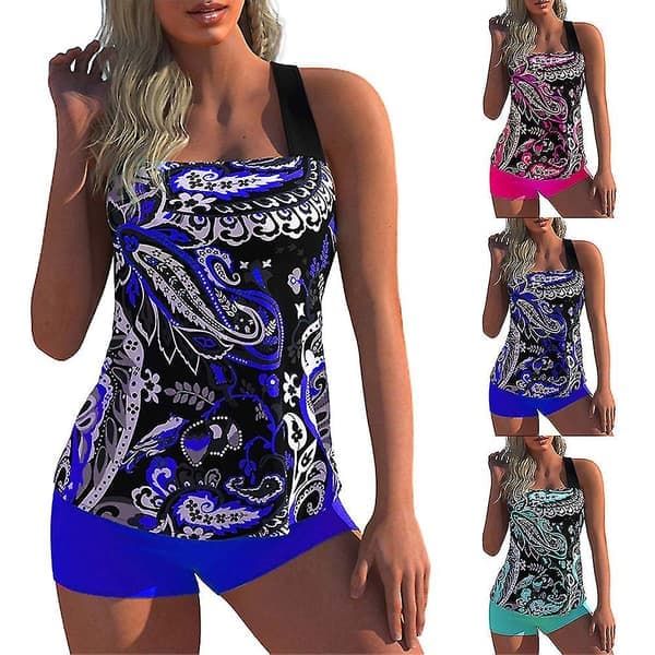 Blomstrede badedragter til kvinder Bikini Tankini Halterneck Toppe Boyshorts Sæt Badedragt Plus Size Blå Blå XL Blue XL