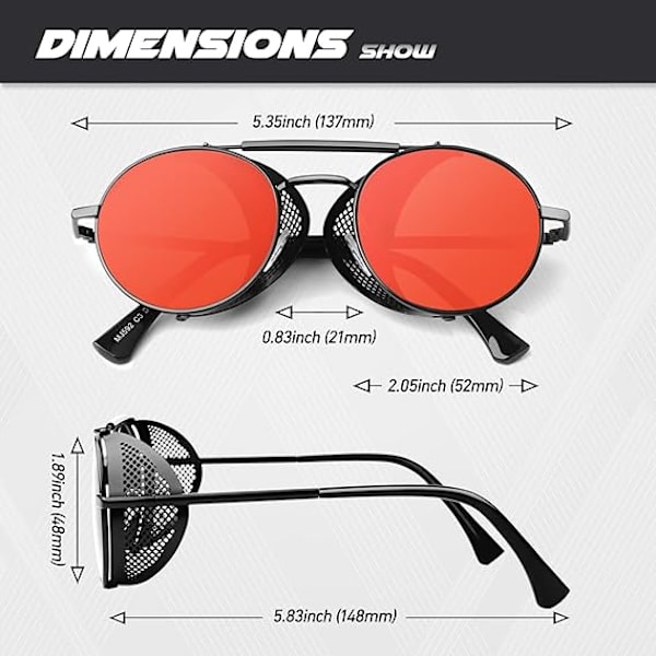 Polariserade solglasögon för kvinnor män Steampunk Retro Rund Unisex Glasögon(Svart ram, rött glas)