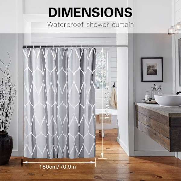 Bruseforhæng, vandtæt gitterdesign og polyester, badeværelsesbruseforhæng 180x180, holdbart og vaskbart, gråt bruseforhæng med 12 kroge